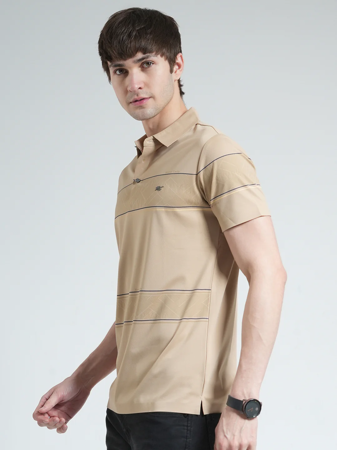 Men Beige Stripe Collar Half Sleeve T-Shirt - Image 3