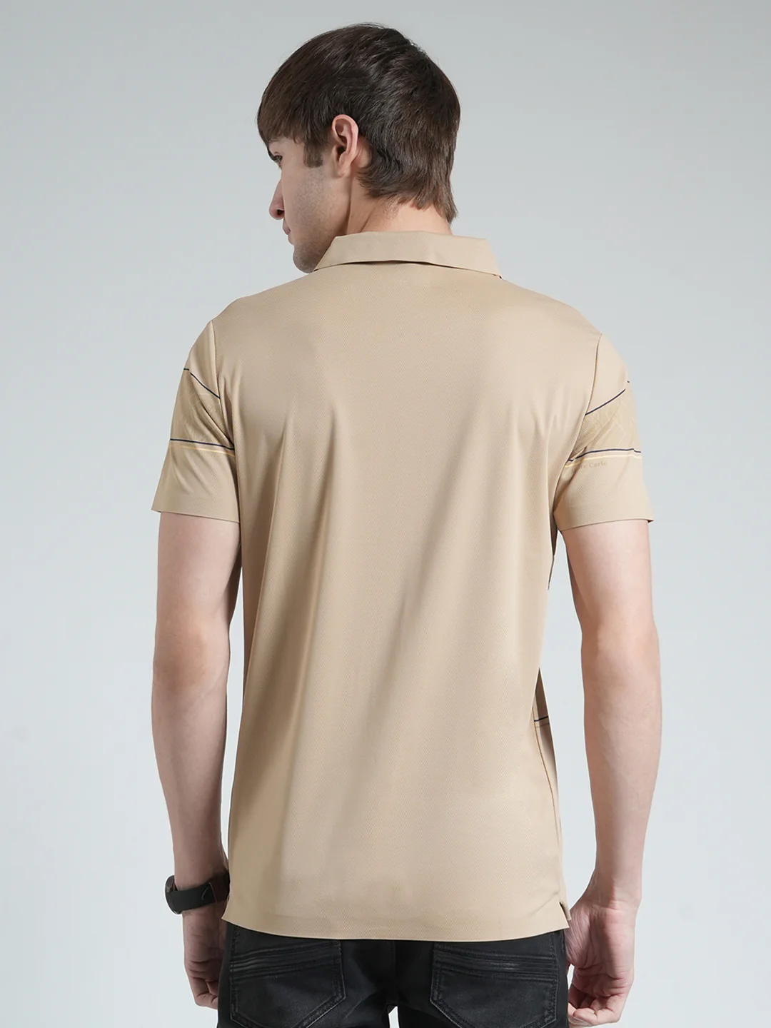 Men Beige Stripe Collar Half Sleeve T-Shirt - Image 5