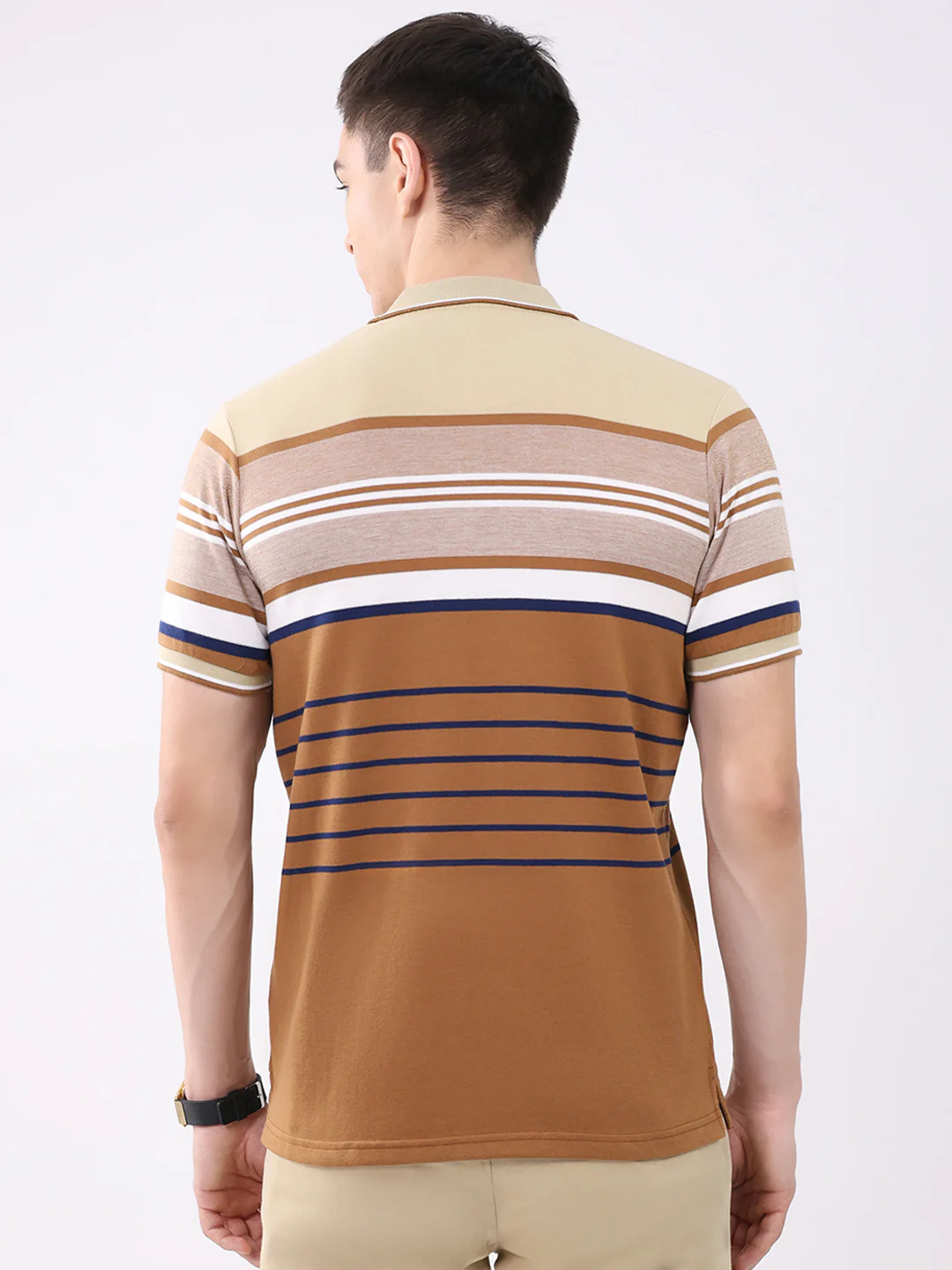 Men Beige Stripe Collar Half Sleeve T-Shirt - Image 5