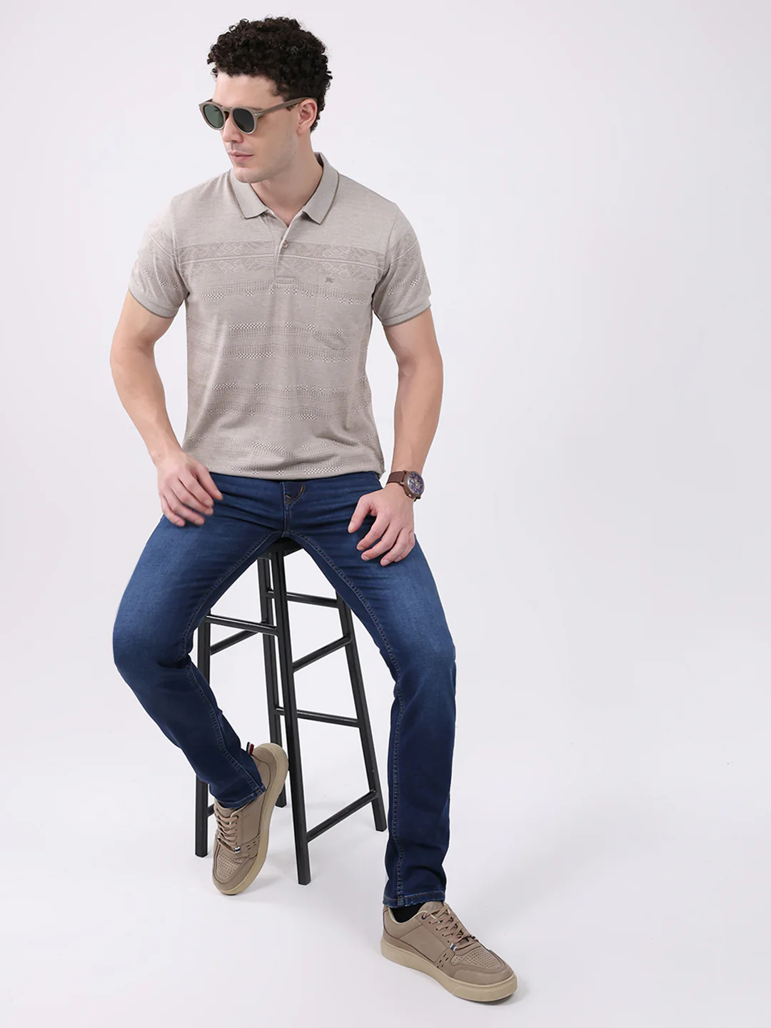 Men Beige Stripe Collar Half Sleeve T-Shirt - Image 2