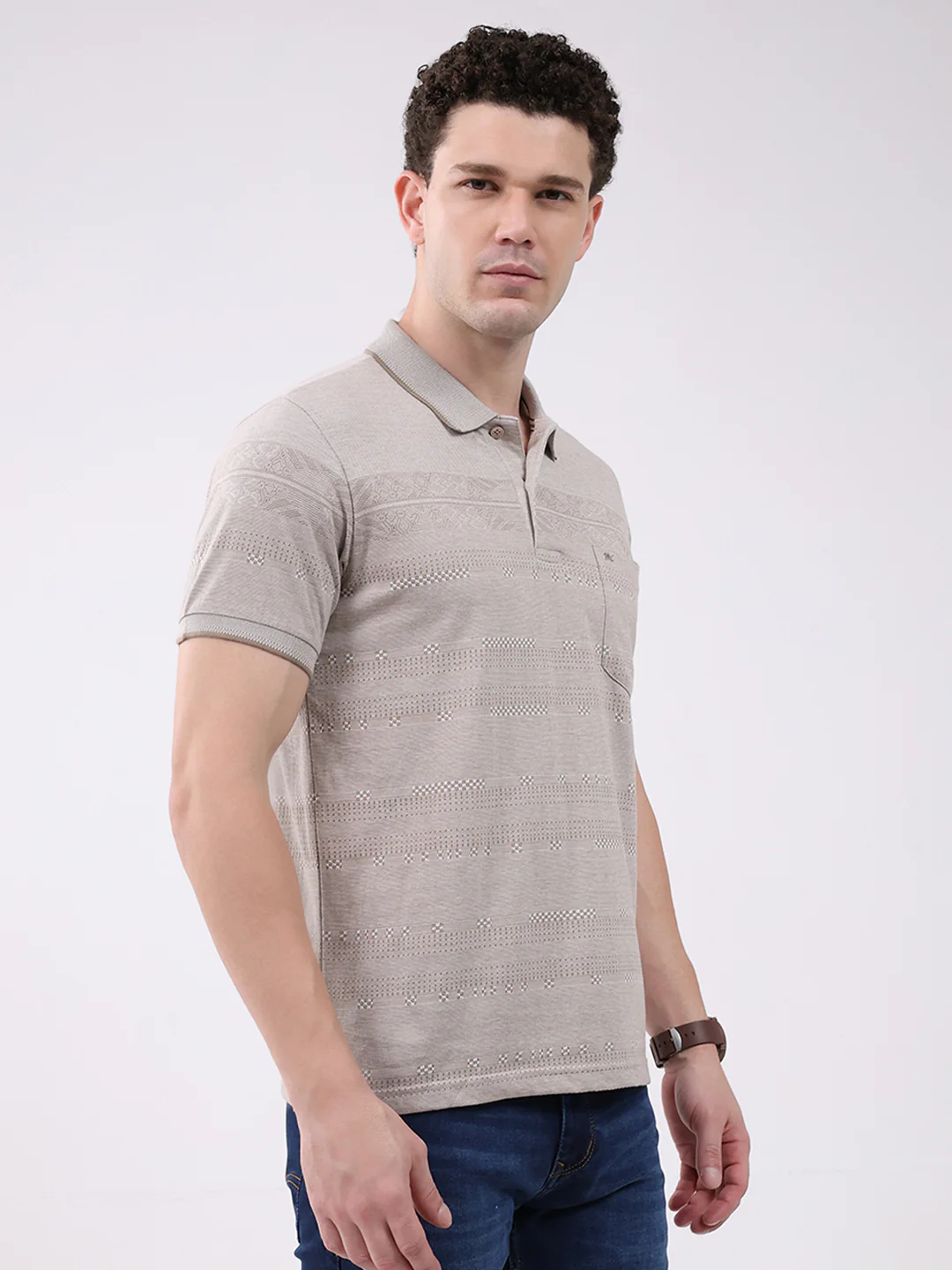 Men Beige Stripe Collar Half Sleeve T-Shirt - Image 3