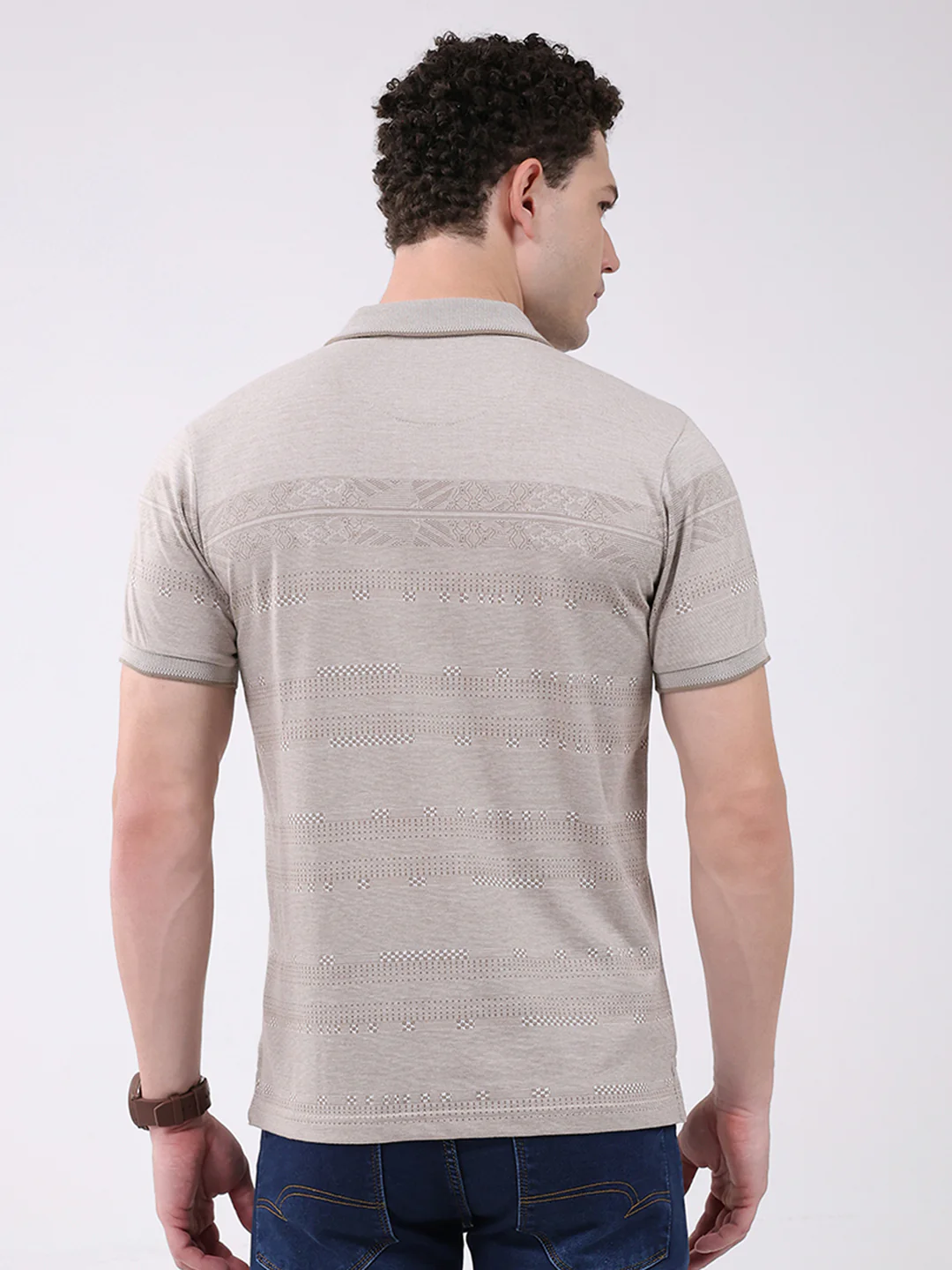 Men Beige Stripe Collar Half Sleeve T-Shirt - Image 5