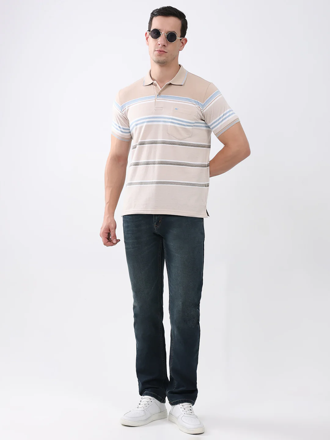 Men Beige Stripe Collar Half Sleeve T-Shirt - Image 2