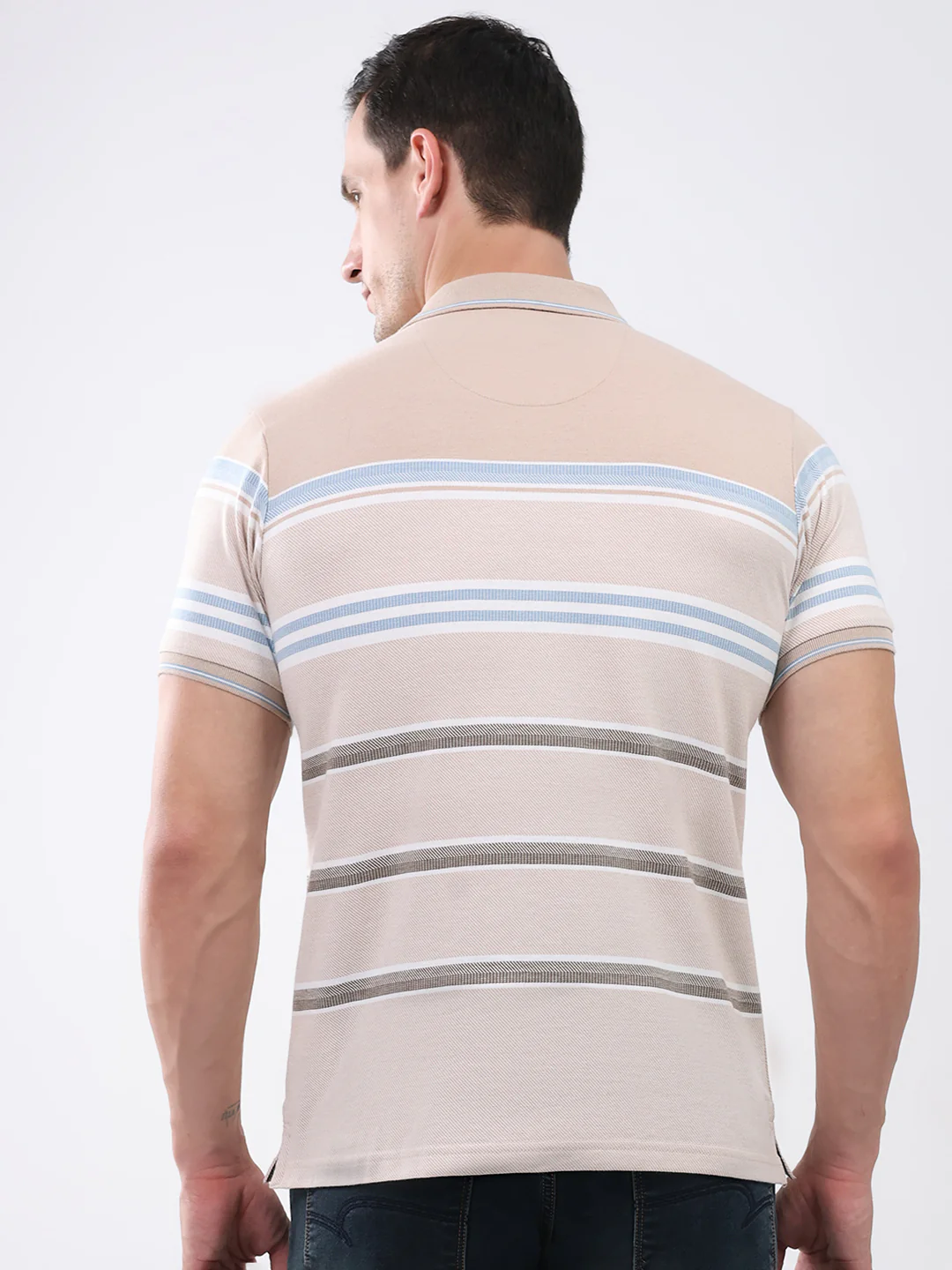 Men Beige Stripe Collar Half Sleeve T-Shirt - Image 5