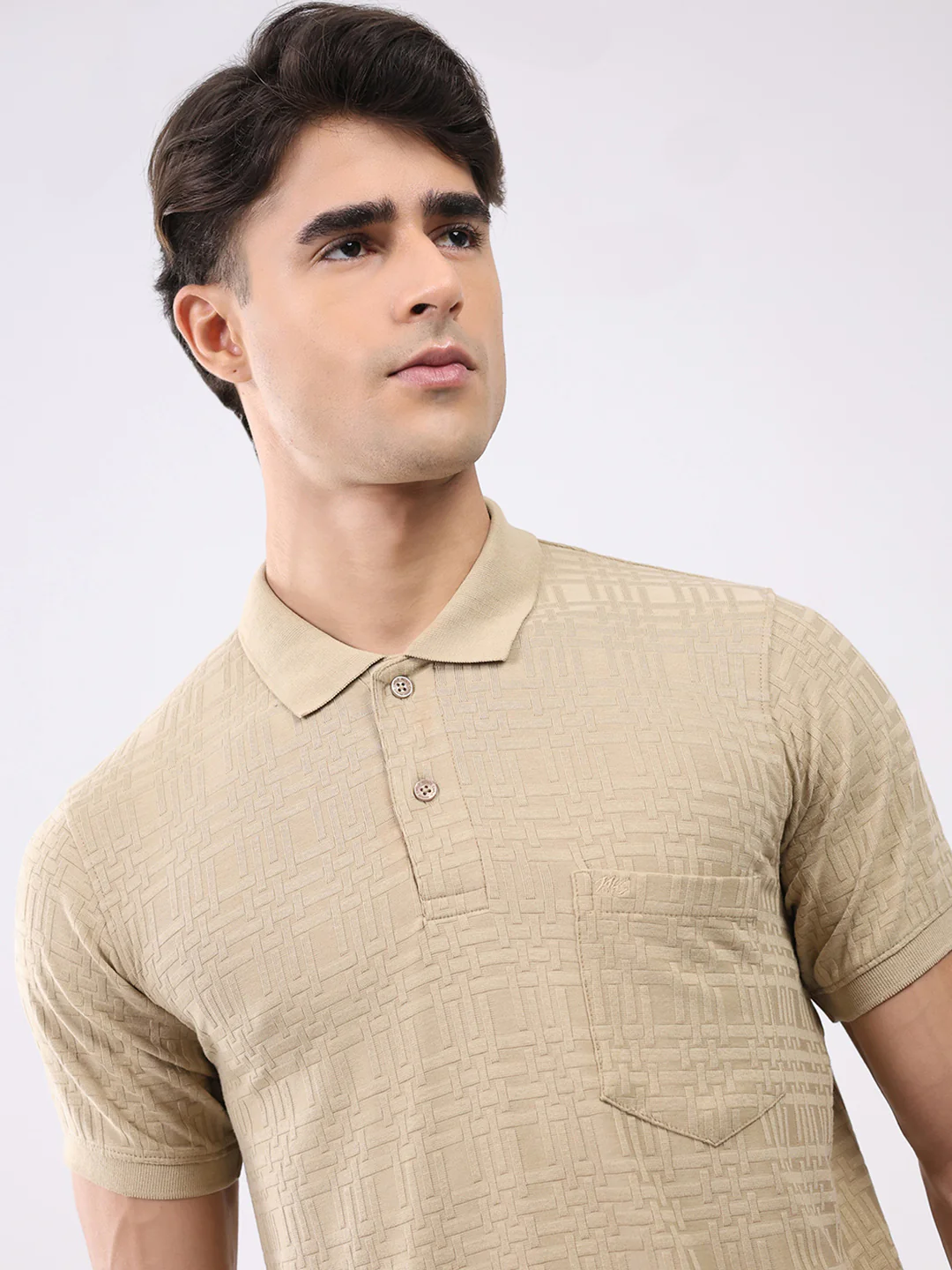 Men Beige Stripe Collar Half Sleeve T-Shirt - Image 6
