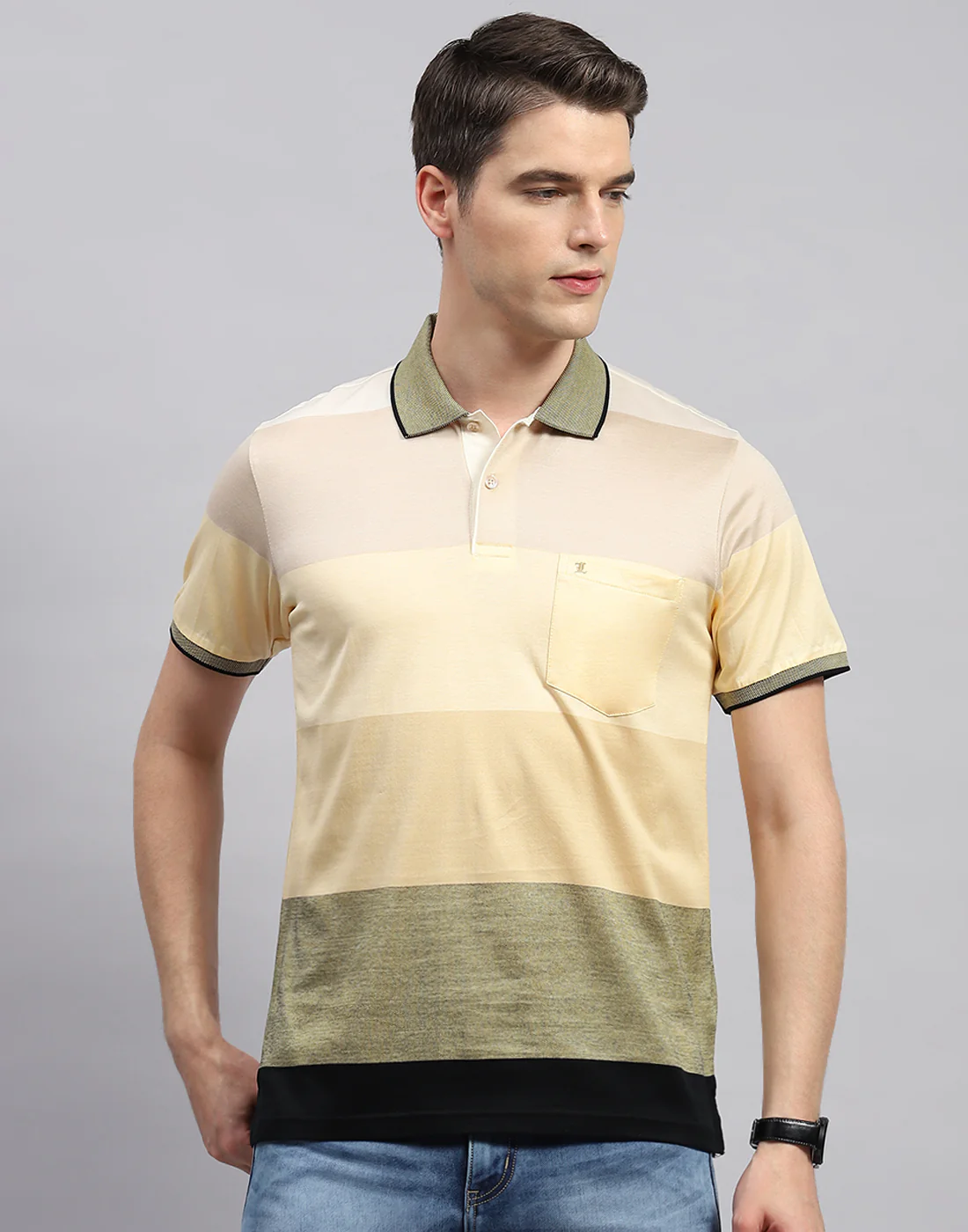 Men Beige Stripe Collar Neck Half Sleeve T-Shirt - Image 3