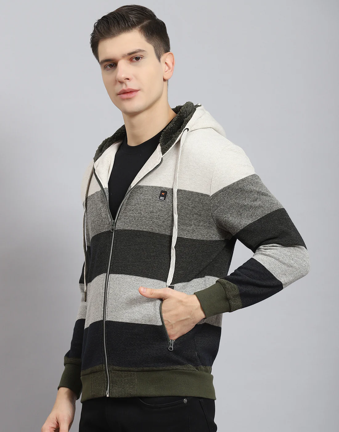 Men Beige Stripe Hooded Full Sleeve Sweatshirt - Image 4