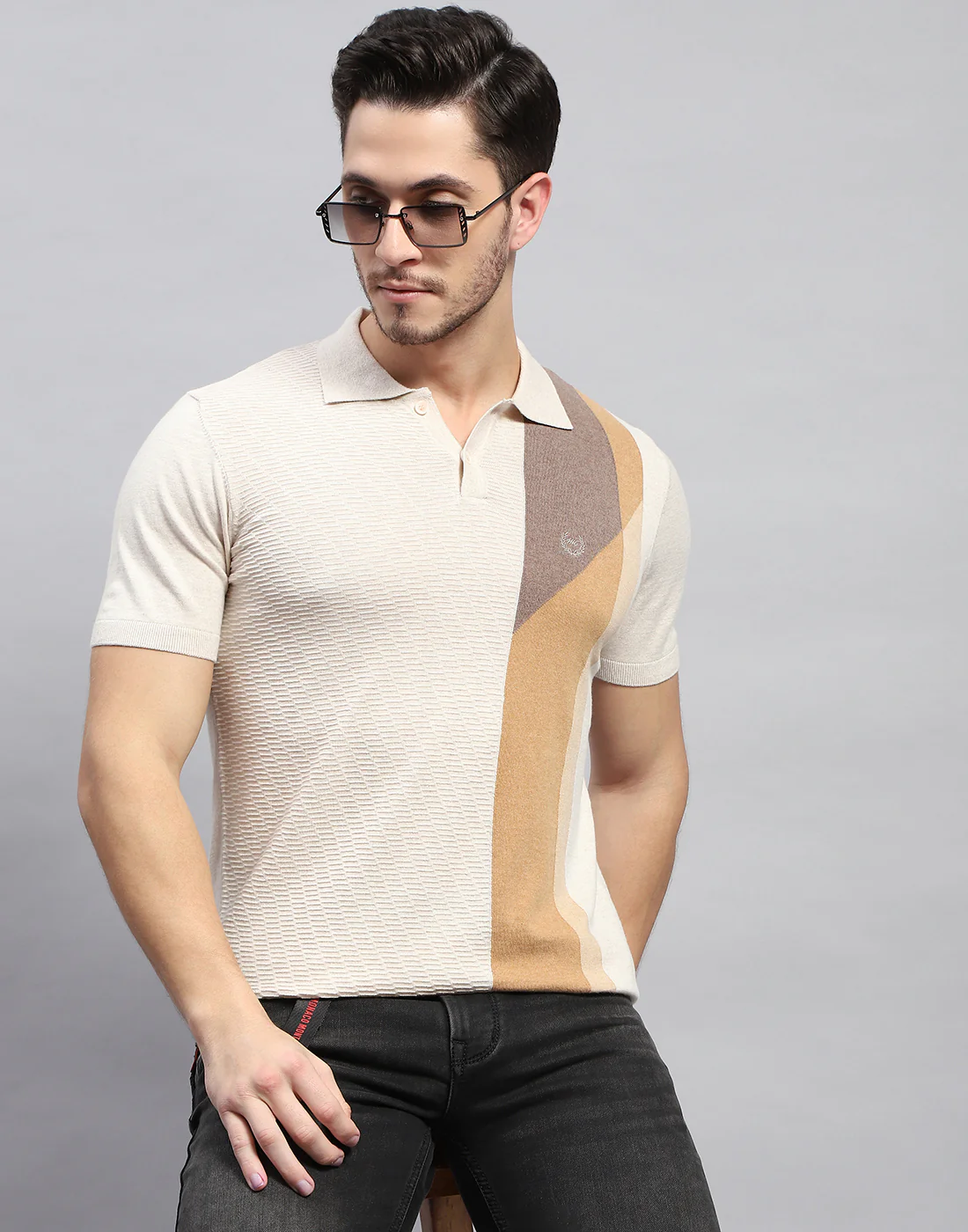Men Beige Stripe Polo Collar Half Sleeve T-Shirt