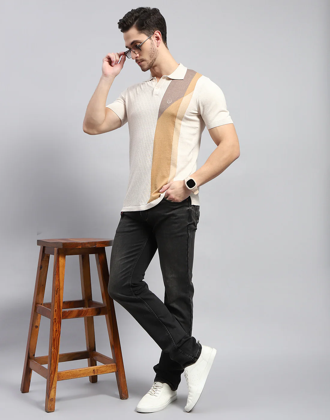 Men Beige Stripe Polo Collar Half Sleeve T-Shirt - Image 2