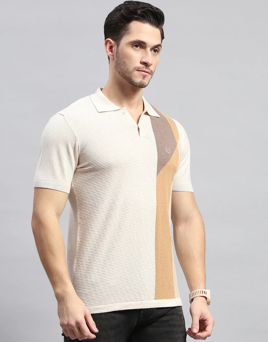 Men Beige Stripe Polo Collar Half Sleeve T-Shirt - Image 5