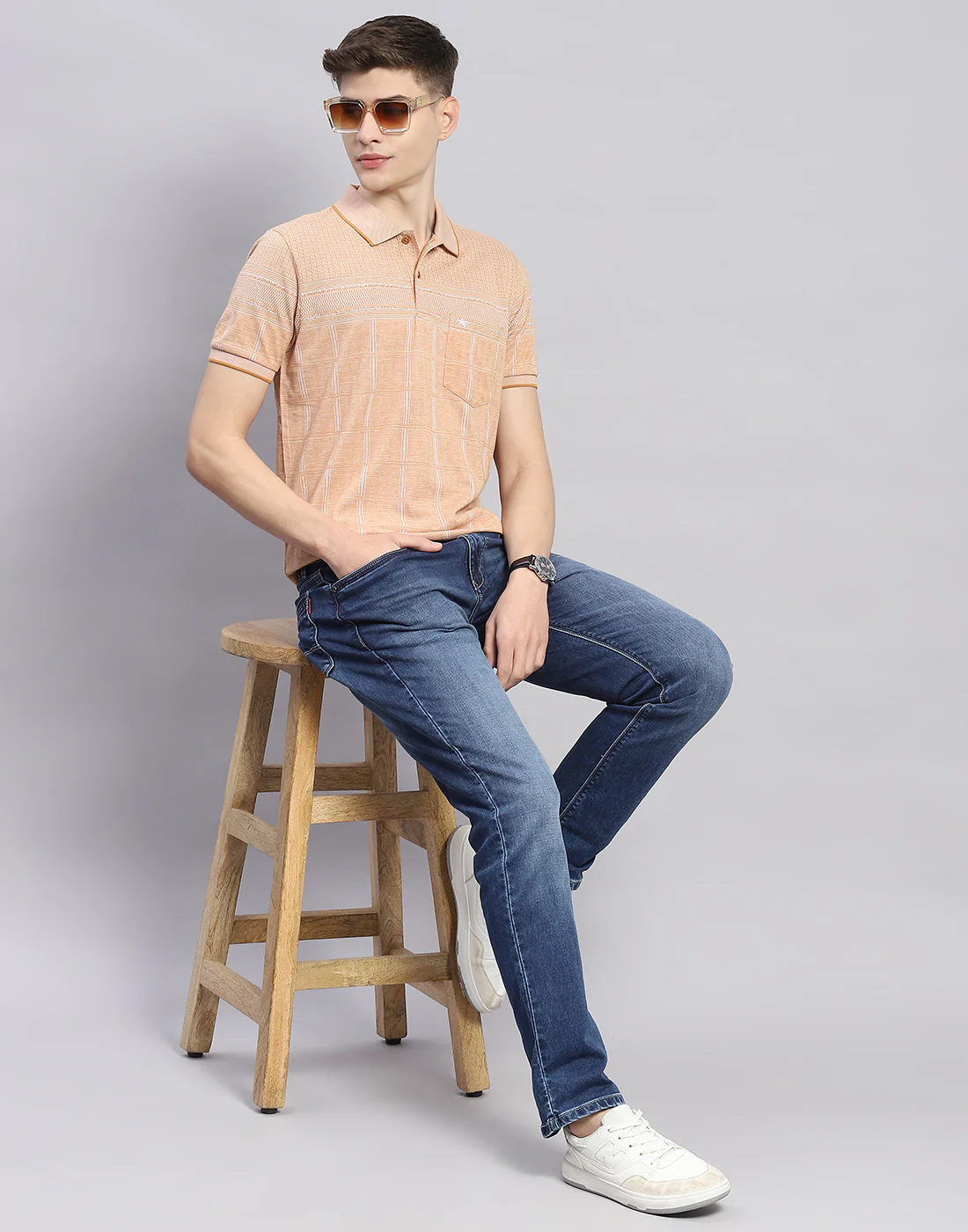 Men Beige Stripe Polo Collar Half Sleeve T-Shirt - Image 2