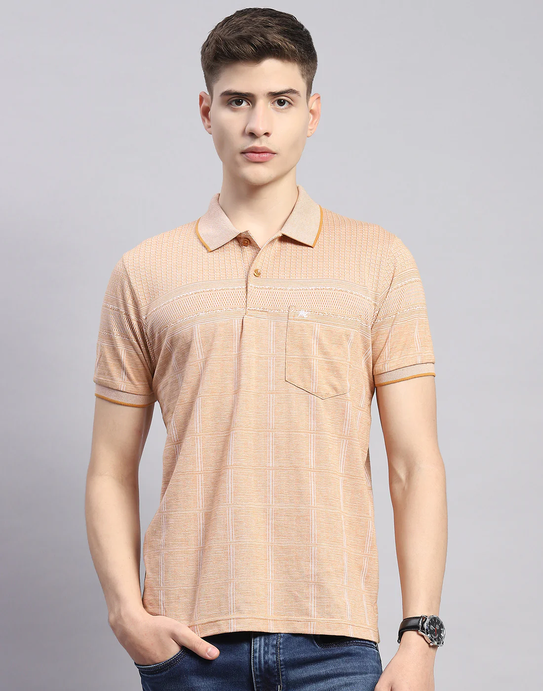 Men Beige Stripe Polo Collar Half Sleeve T-Shirt - Image 3