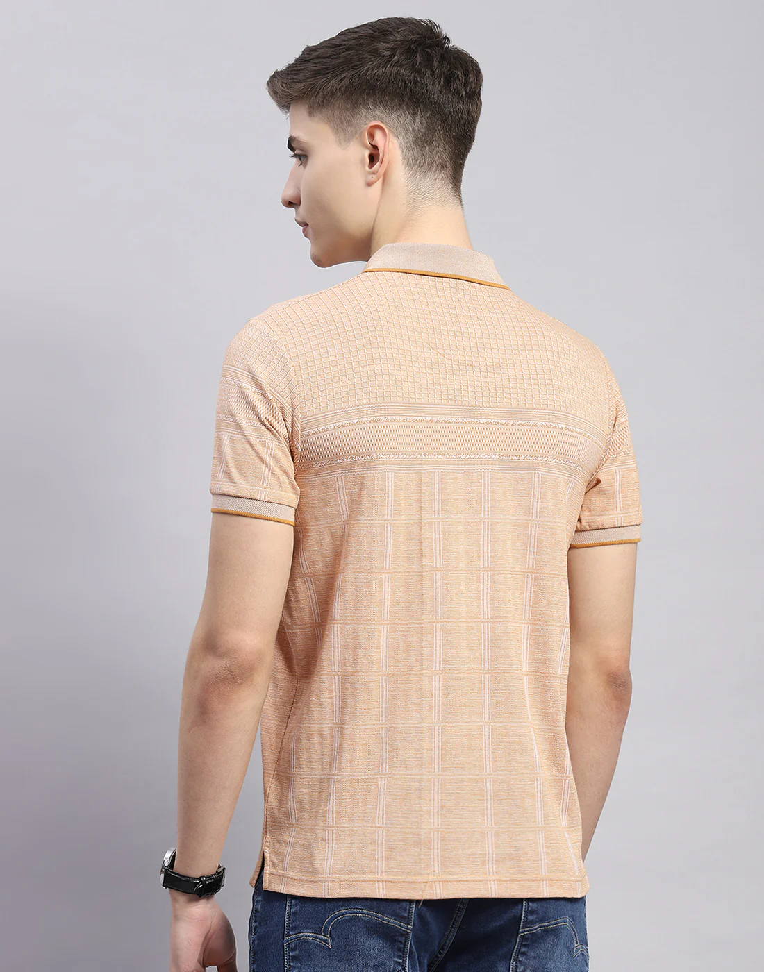 Men Beige Stripe Polo Collar Half Sleeve T-Shirt - Image 6