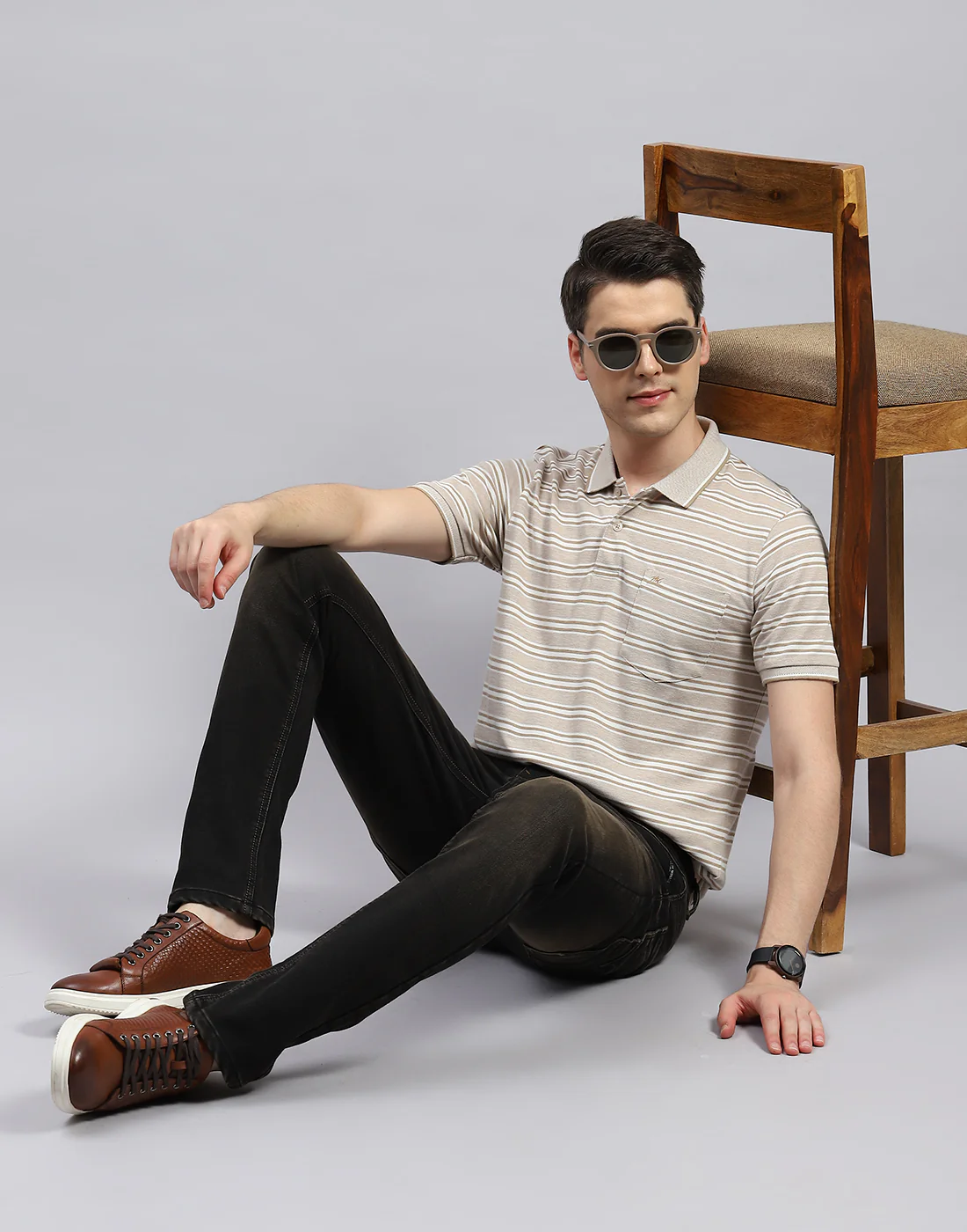 Men Beige Stripe Polo Collar Half Sleeve T-Shirt - Image 2