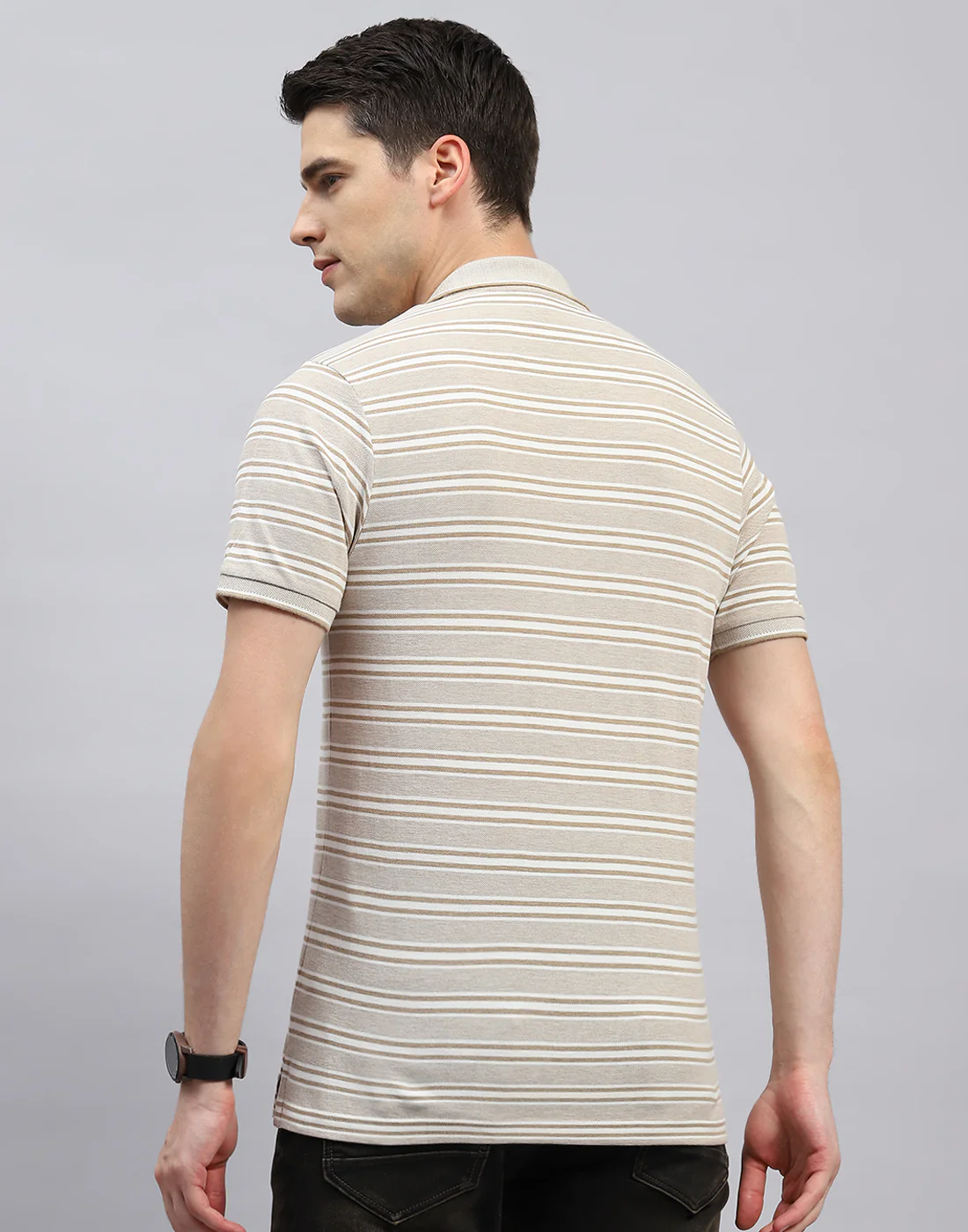 Men Beige Stripe Polo Collar Half Sleeve T-Shirt - Image 5