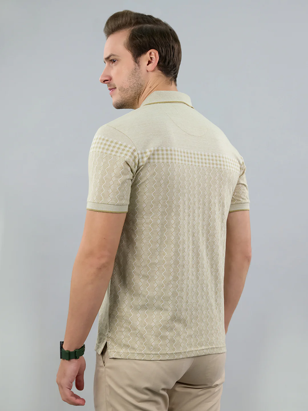 Men Beige Stripe Polo Collar Half Sleeve T-Shirt - Image 4