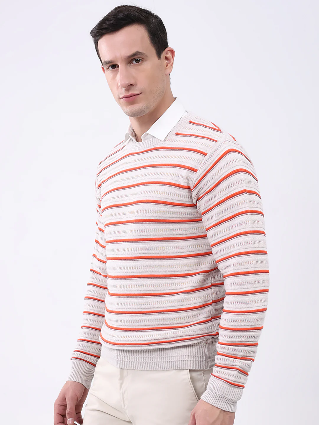 Men Beige Stripe Round Neck Full Sleeve Pullover - Image 3