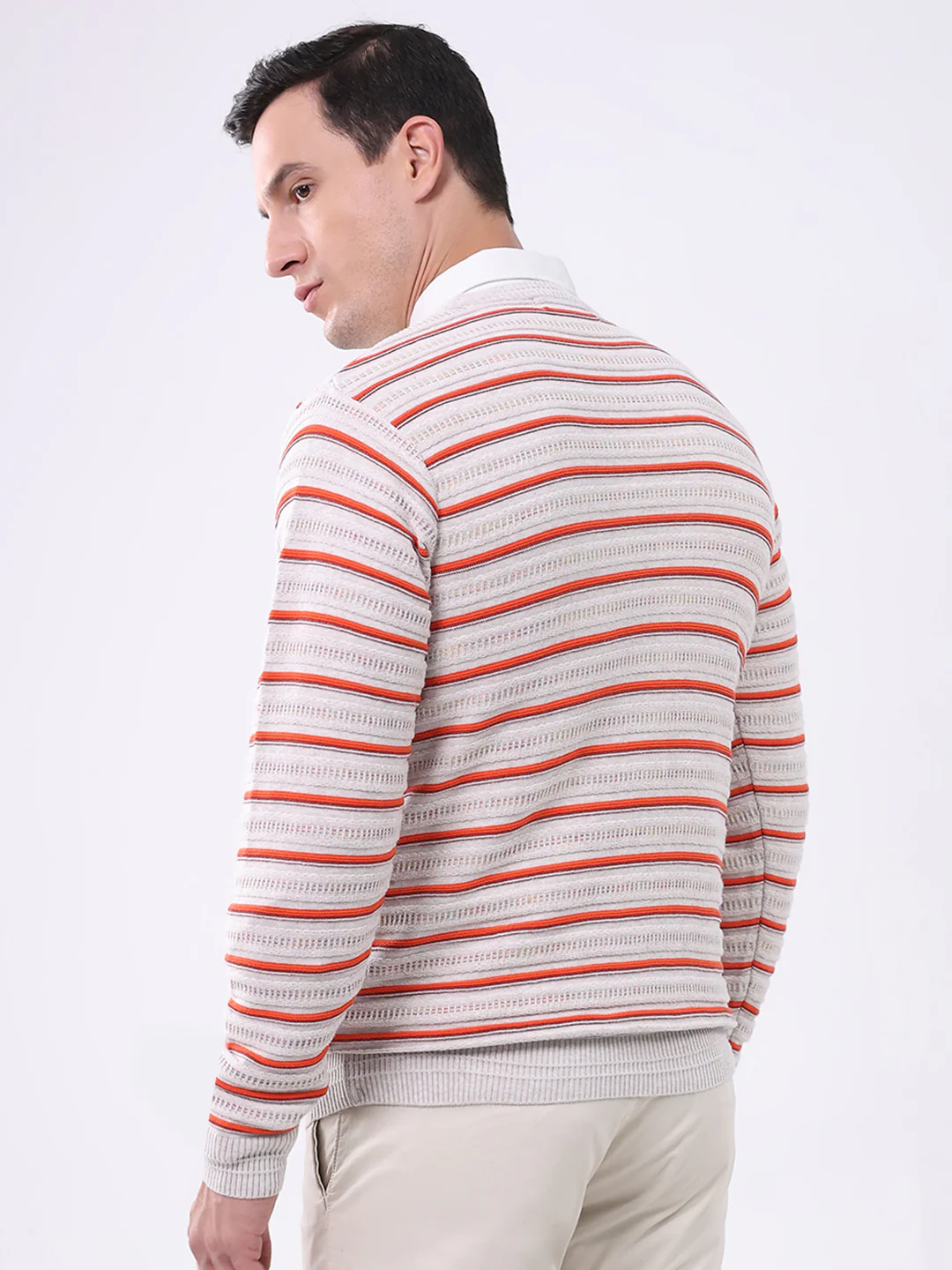Men Beige Stripe Round Neck Full Sleeve Pullover - Image 5