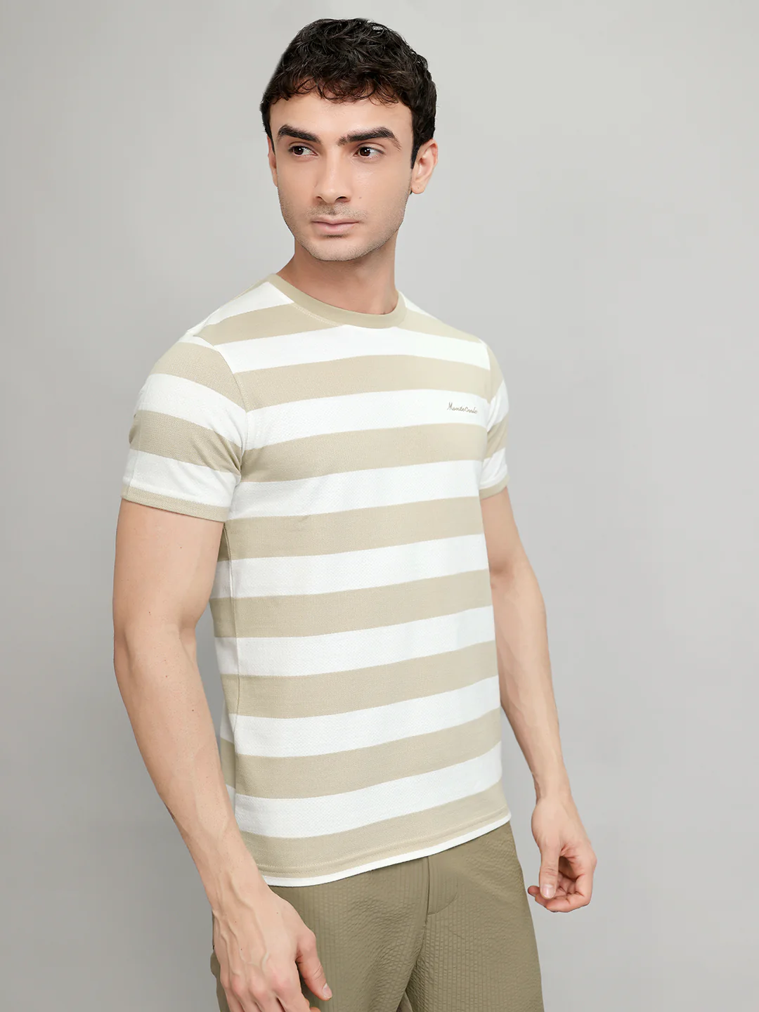 Men Beige Stripe Round Neck Half Sleeve T-Shirt - Image 4