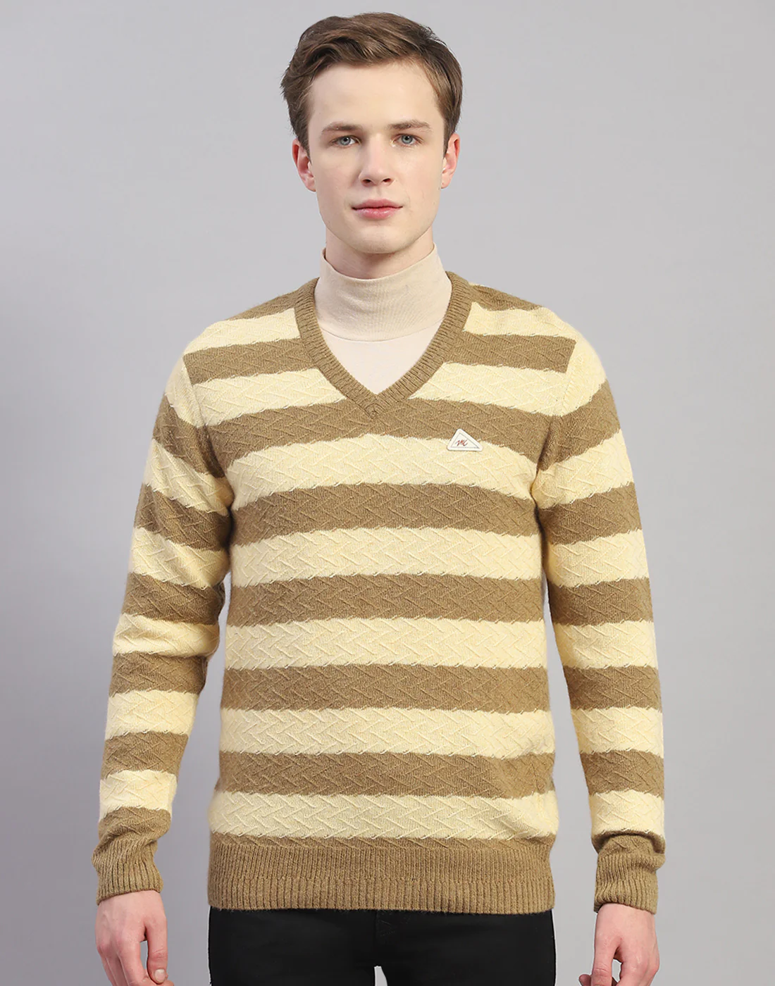 Men Beige Stripe V Neck Full Sleeve Pullover - Image 3