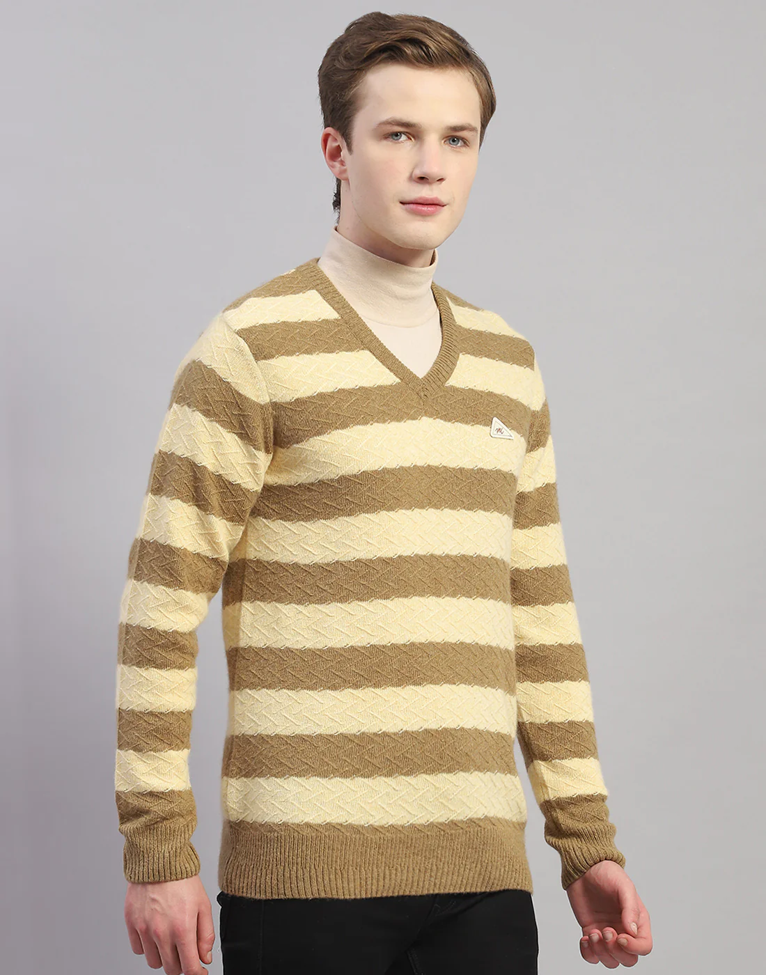 Men Beige Stripe V Neck Full Sleeve Pullover - Image 5