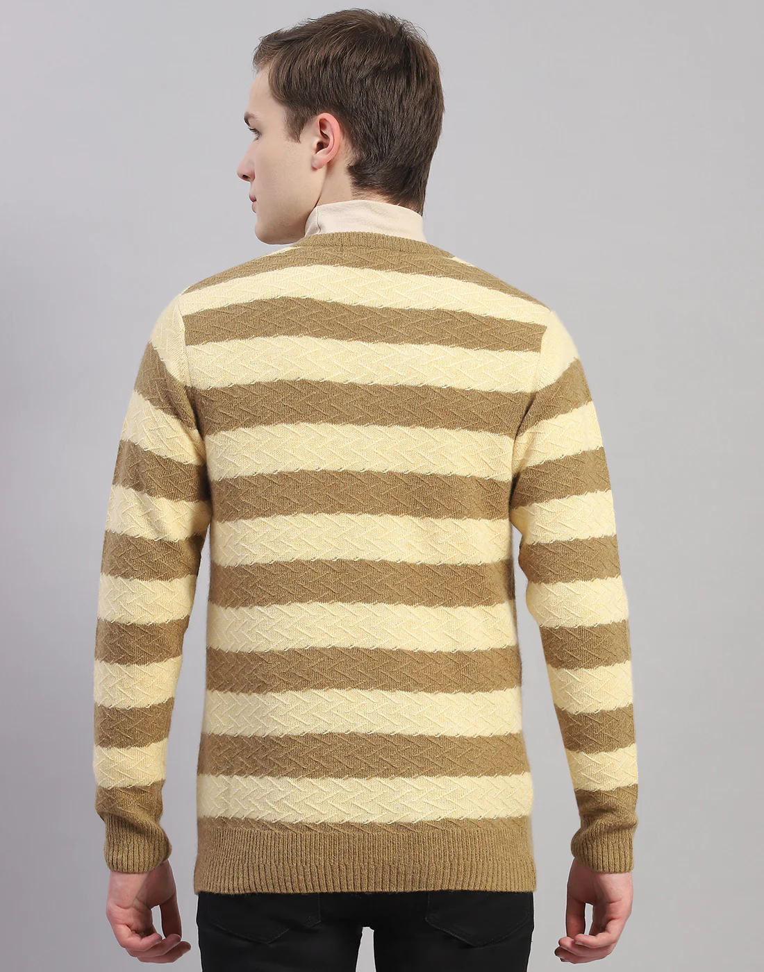 Men Beige Stripe V Neck Full Sleeve Pullover - Image 6