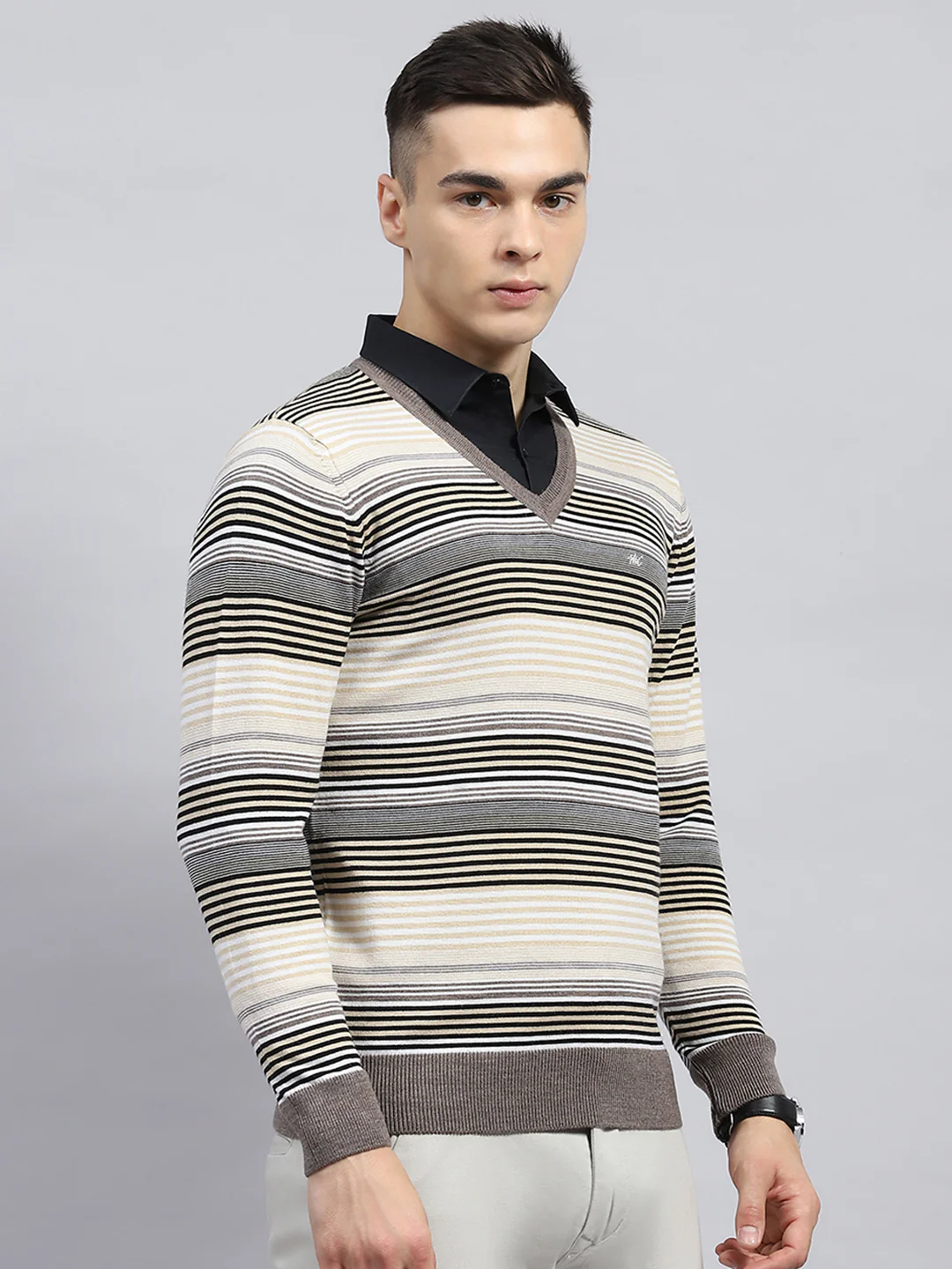 Men Beige Stripe V Neck Full Sleeve Pullover - Image 4