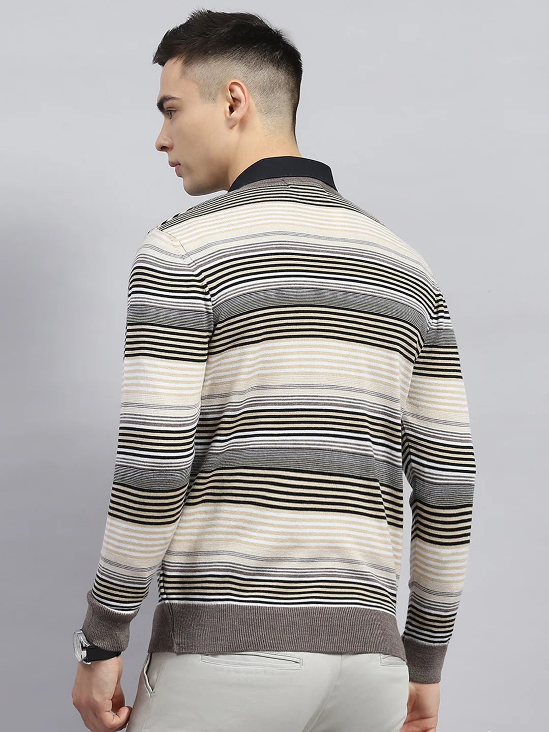 Men Beige Stripe V Neck Full Sleeve Pullover - Image 5