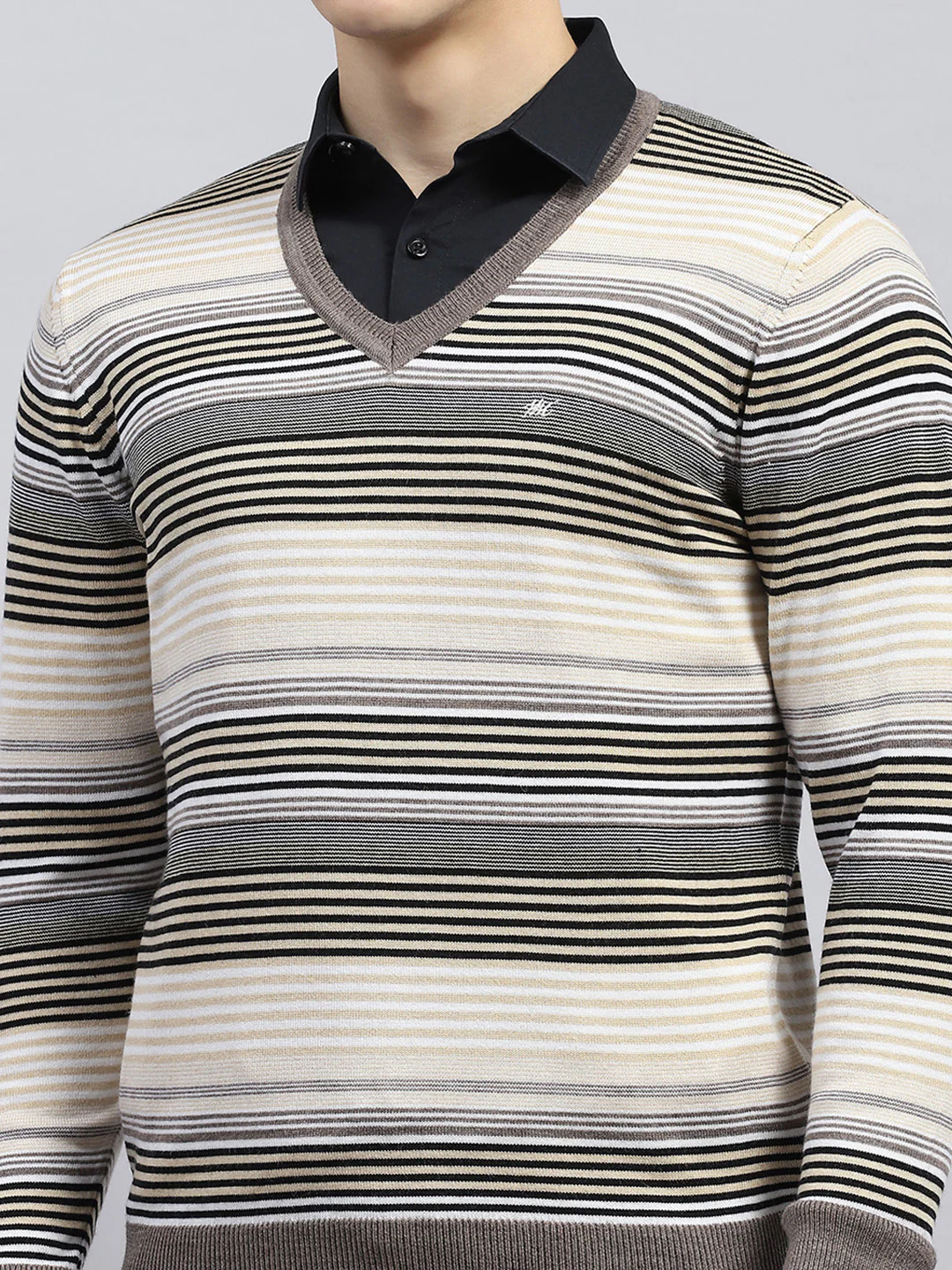 Men Beige Stripe V Neck Full Sleeve Pullover - Image 6