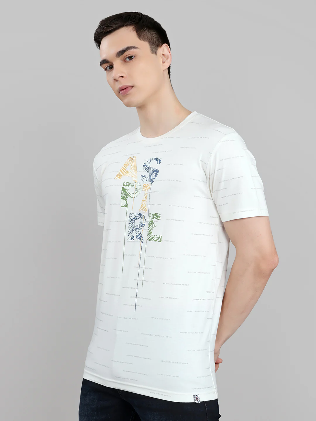 Men Beige Typography Print Round Neck Half Sleeve T-Shirt - Image 2