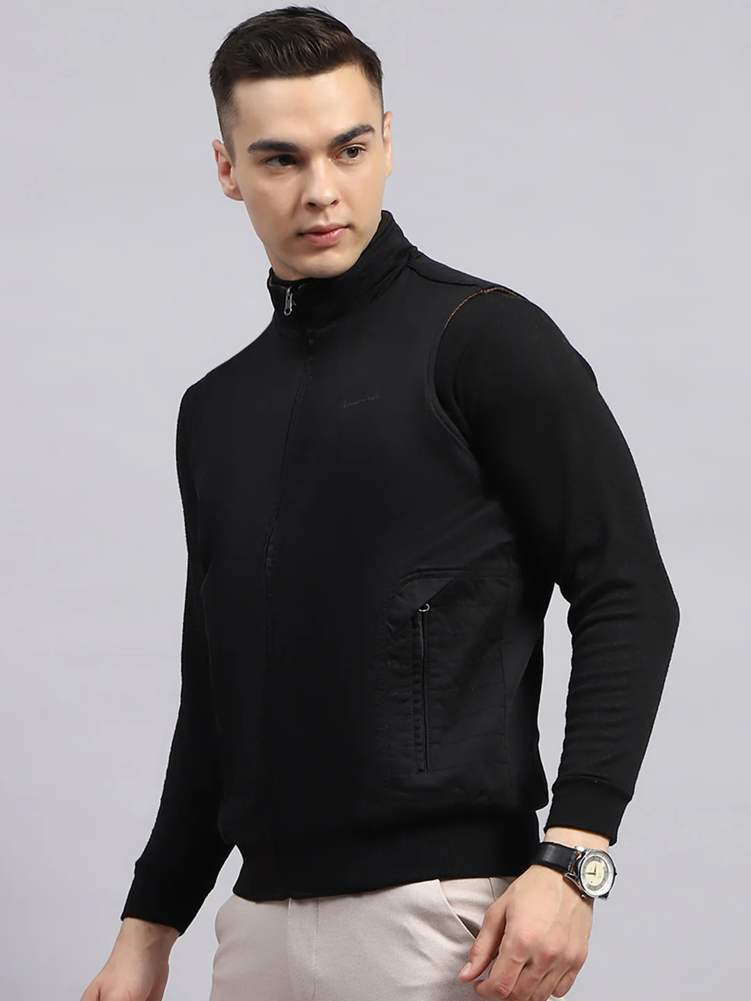 Men Black & Brown Self Design Mock Neck Sleeveless Reversible Jacket - Image 4