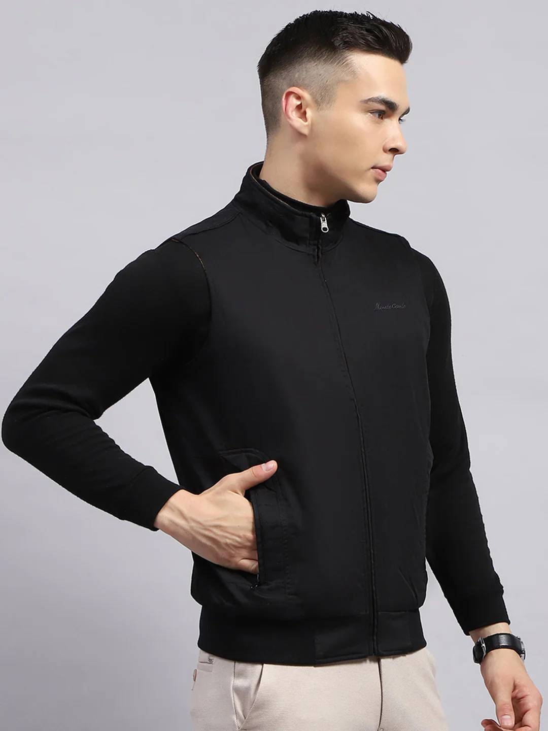 Men Black & Brown Self Design Mock Neck Sleeveless Reversible Jacket - Image 7