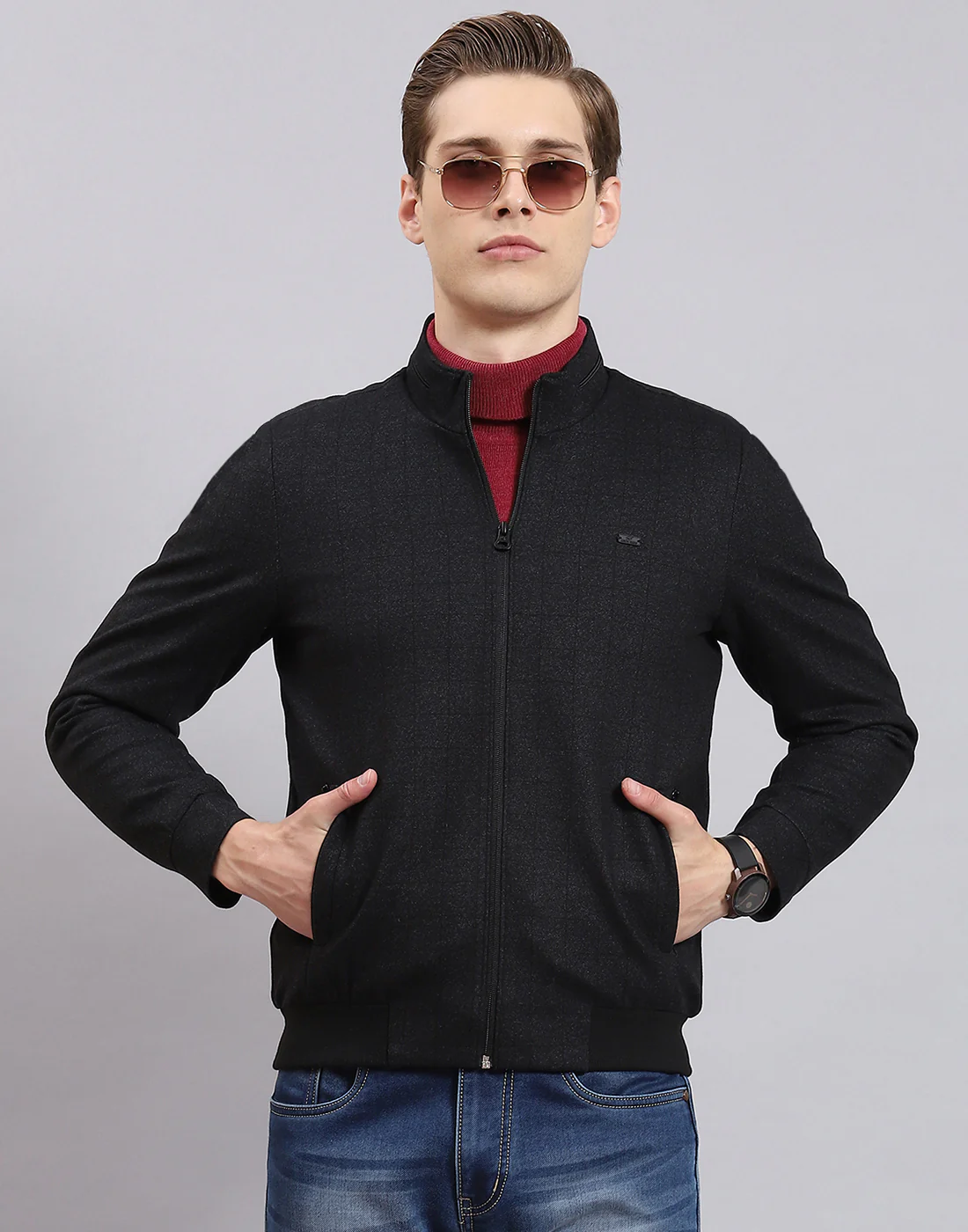 Men Black Check Collar Full Sleeve Jacket - Image 2