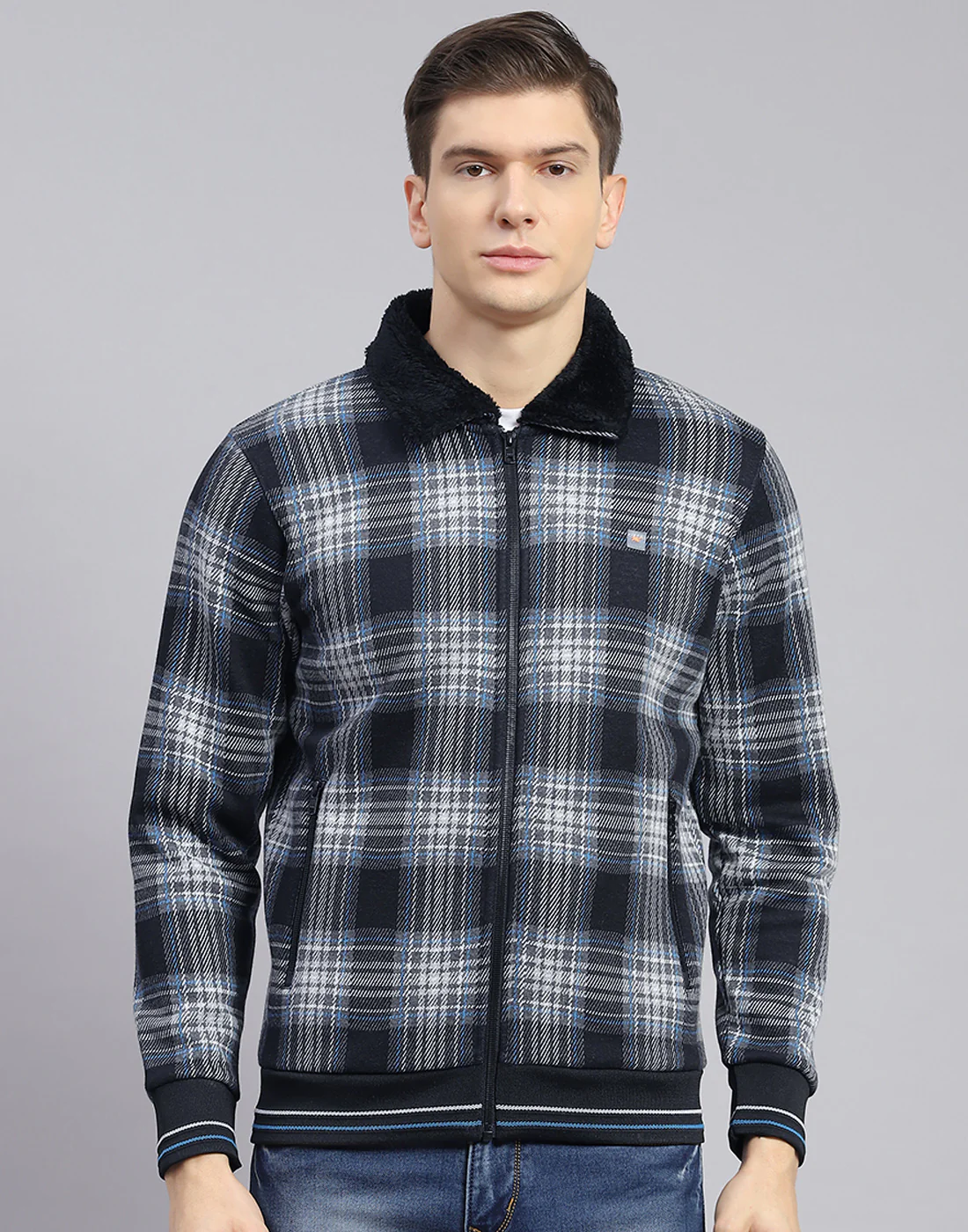 Men Black Check Collar Full Sleeve Sweatshirt - Image 3