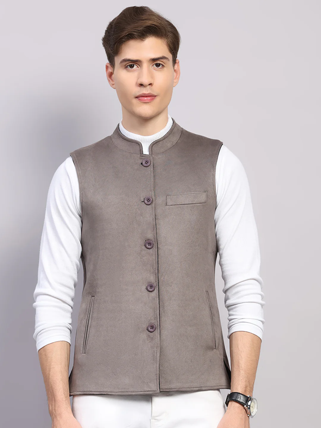 Men Black Check Collar Sleeveless Nehru Jacket - Image 6