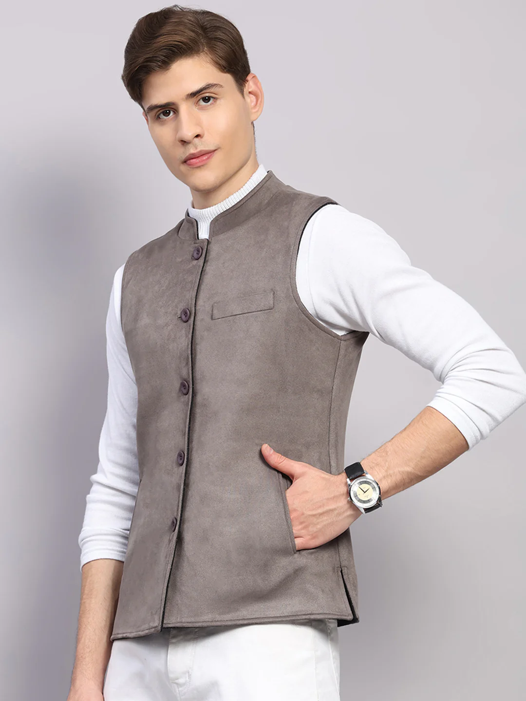 Men Black Check Collar Sleeveless Nehru Jacket - Image 7