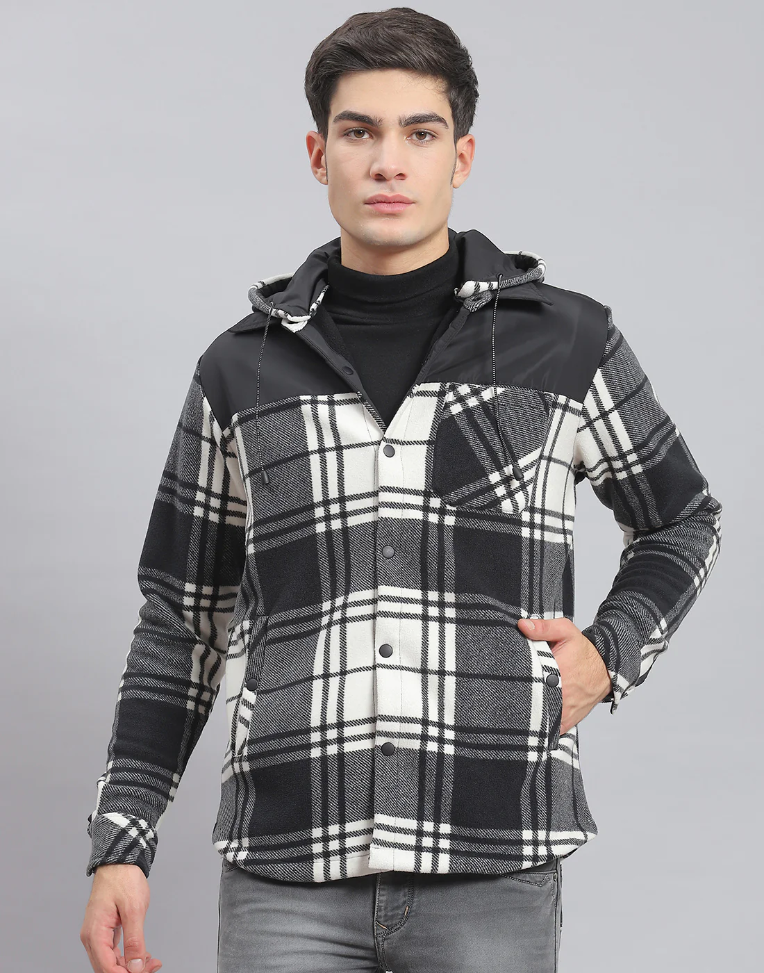 Men Black Check Hooded Full Sleeve Shirt - Image 2
