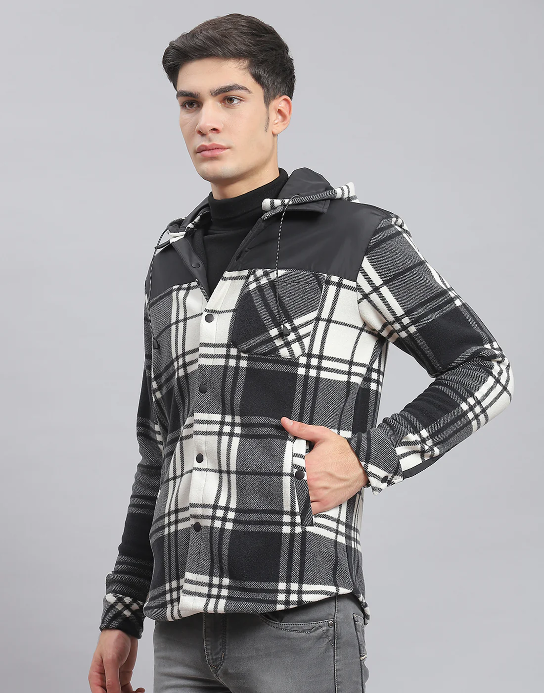 Men Black Check Hooded Full Sleeve Shirt - Image 3