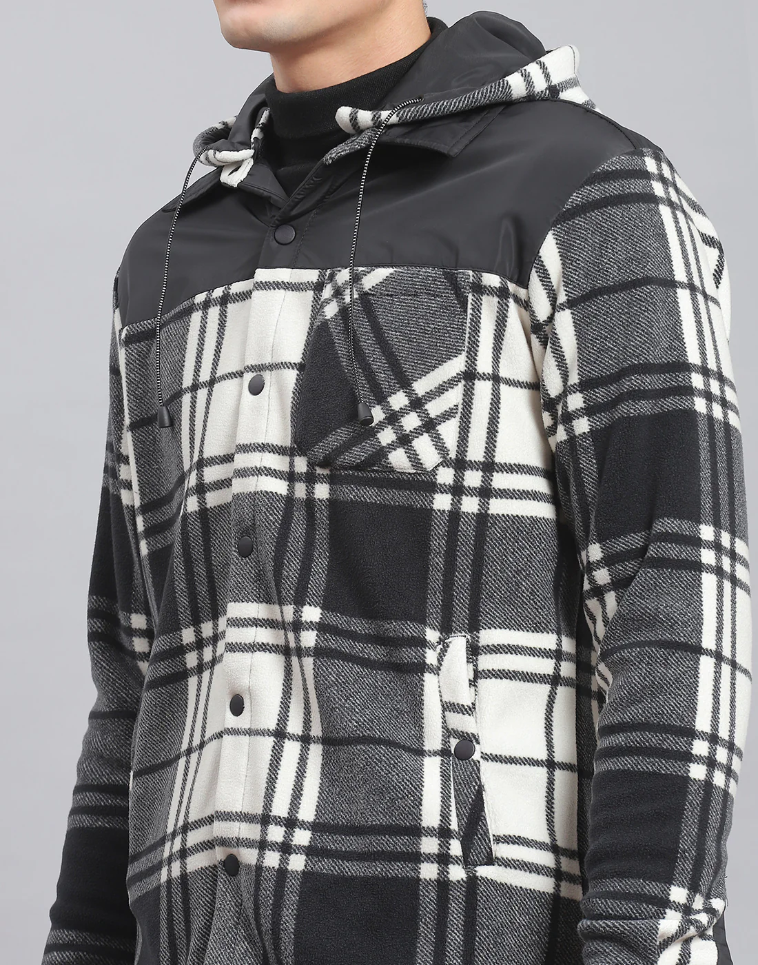 Men Black Check Hooded Full Sleeve Shirt - Image 6