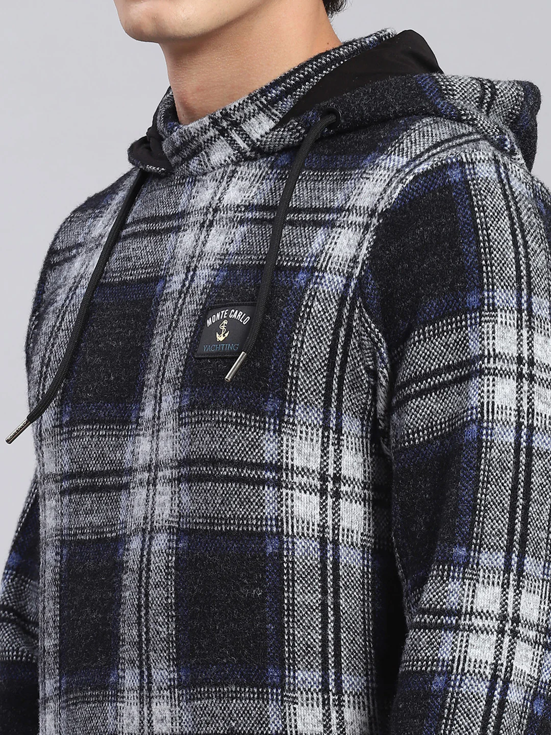 Men Black Check Hooded Full Sleeve Sweatshirts - Image 6