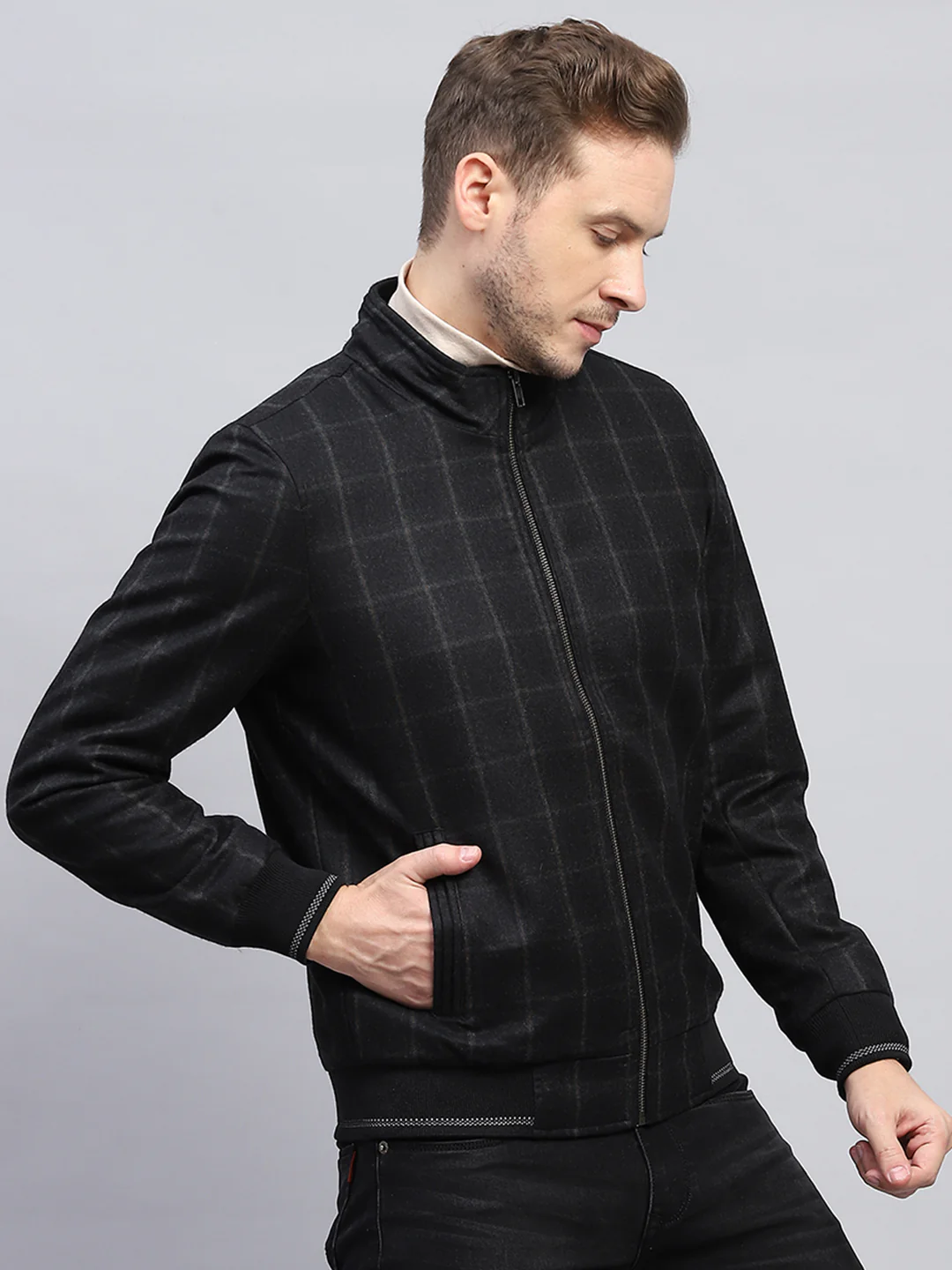 Men Black Check Mock Neck Full Sleeve Coat - Image 4