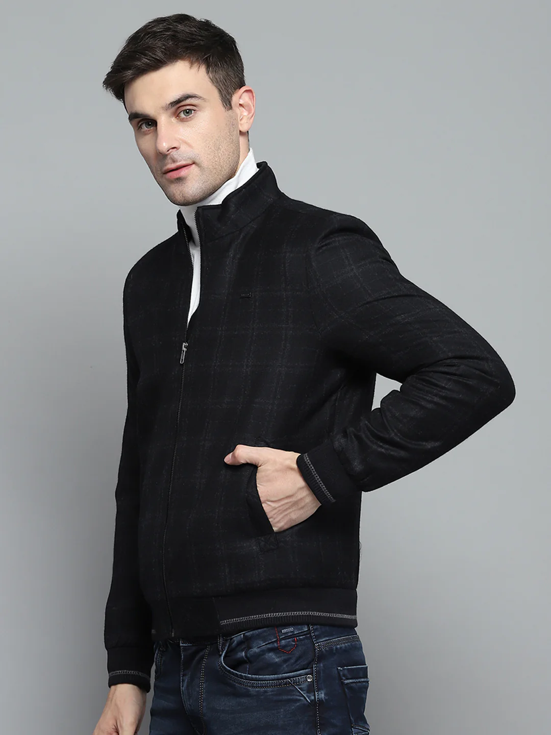 Men Black Check Mock Neck Full Sleeve Jacket - Image 3