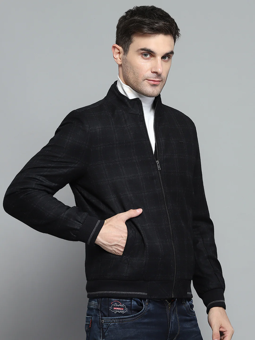 Men Black Check Mock Neck Full Sleeve Jacket - Image 4