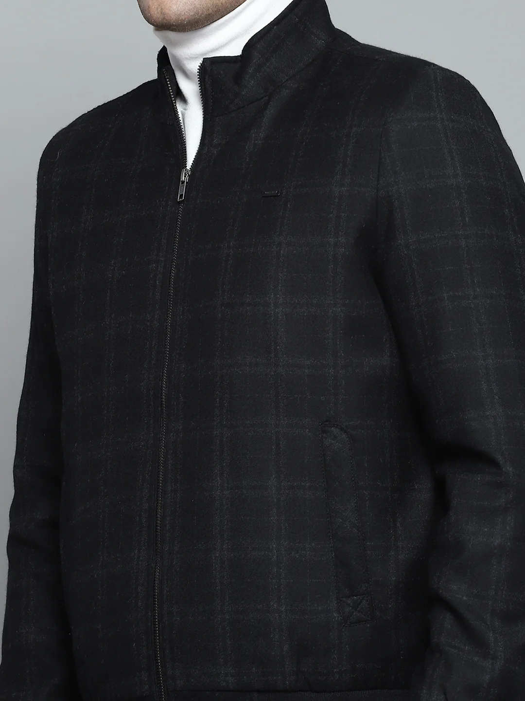 Men Black Check Mock Neck Full Sleeve Jacket - Image 6