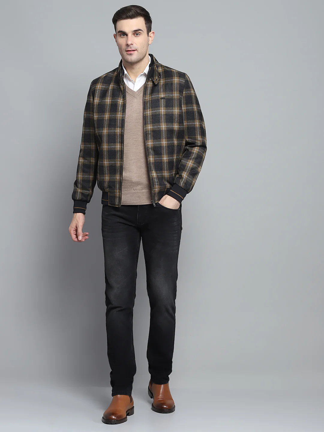 Men Black Check Mock Neck Full Sleeve Jacket - Image 2