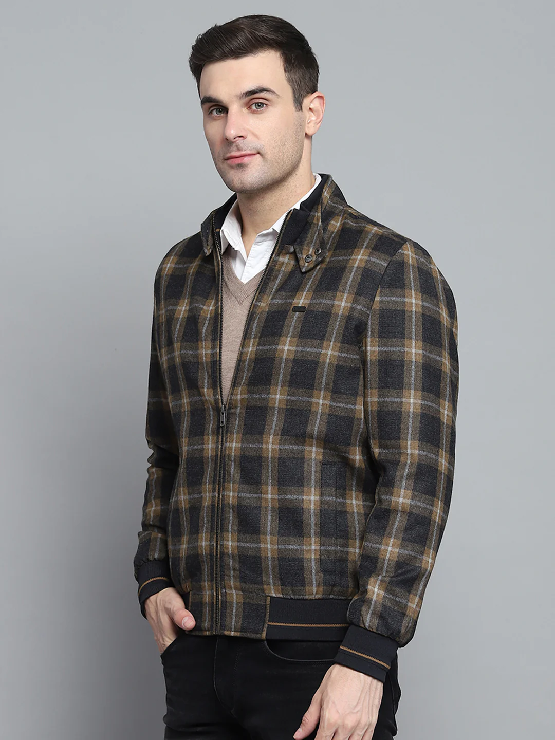 Men Black Check Mock Neck Full Sleeve Jacket - Image 3