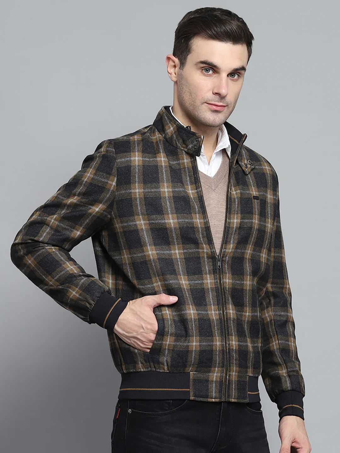 Men Black Check Mock Neck Full Sleeve Jacket - Image 4