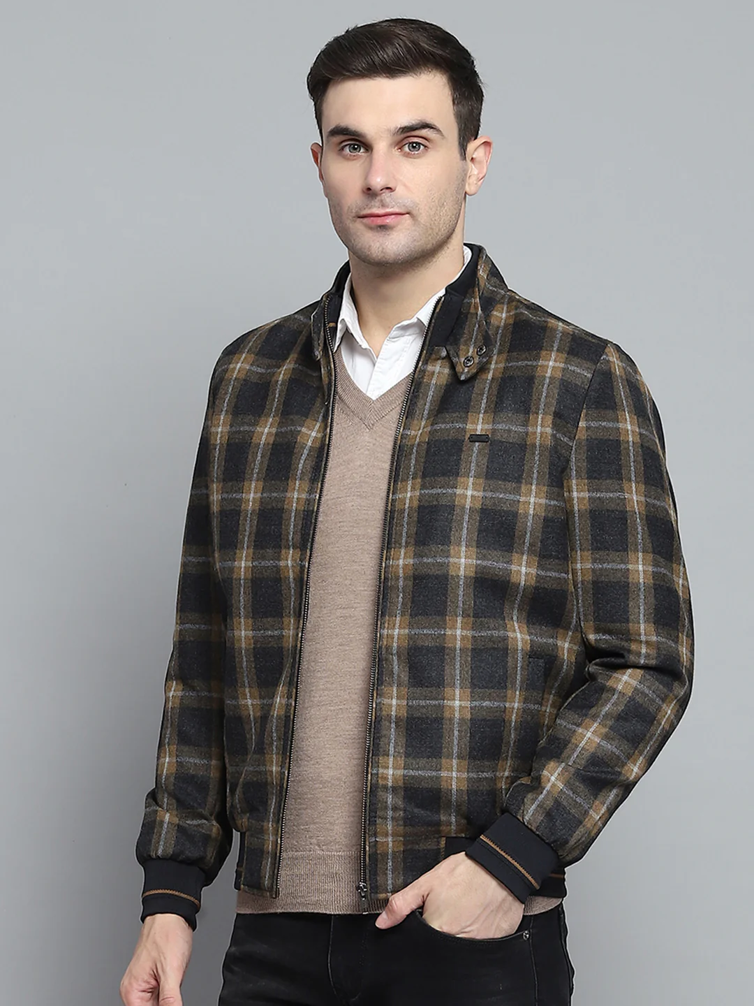 Men Black Check Mock Neck Full Sleeve Jacket - Image 6