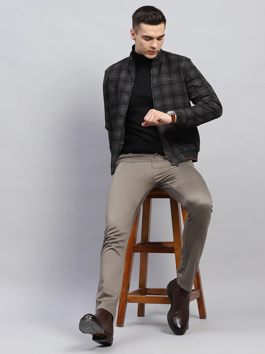 Men Black Check Mock Neck Full Sleeve Knitted Jacket - Image 2