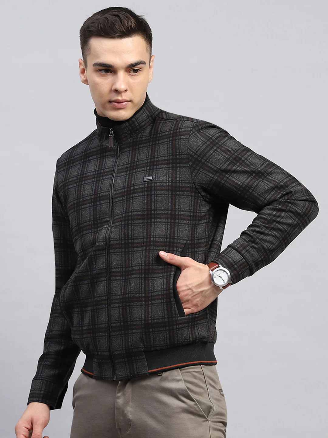 Men Black Check Mock Neck Full Sleeve Knitted Jacket - Image 3